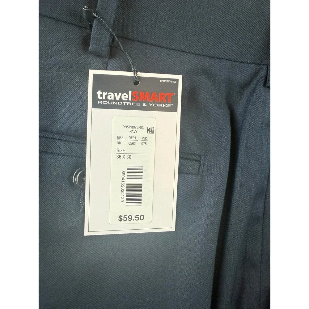 Travel Smart 36x30 Mens Dress Pants Navy Flat Front Stretch Waist NWT